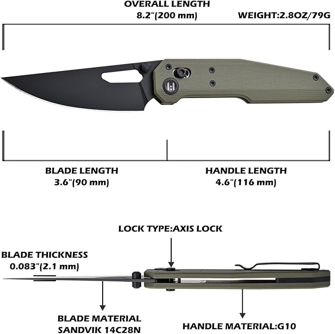Hightron Sharplyn Folding Knife, 3.6" 14C28N Steel Blade with Black PVD OD Green G10 Handle Pocket