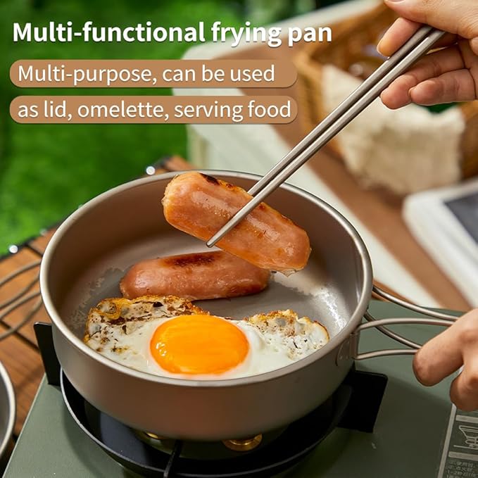 BY-J 3 Piece-Set, Outdoor Titanium Frying Pan & Pot with Lid Folding Handle Camping Hanging