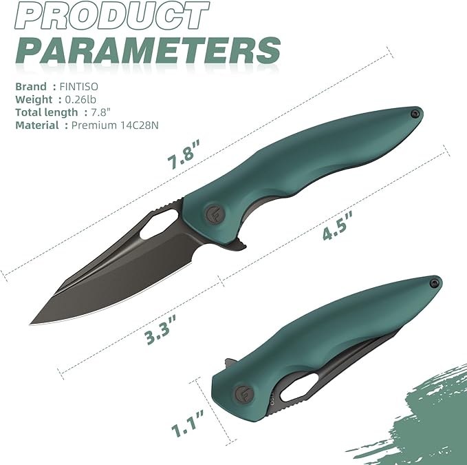 FINTISO Apollo Pocket Knife, 3.3" 14C28N Blade Aluminum Alloy Handle Folding Knife with Liner Lock