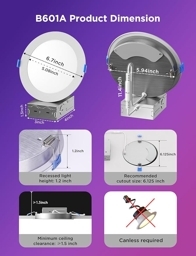 Govee Smart Recessed Lighting 6 Inch, Wi-Fi Bluetooth Direct Connect RGBWW LED Downlight, 65 Scene