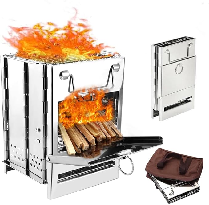 Foldable Camping Wood Burning Stove with Grill, Camp Stove Collapsible Backpacking Survival Stove