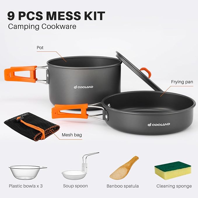 Odoland 9pcs Camping Cookware Non-Stick Lightweight Pots and Pans Set with Plastic Bowls Soup Spoon