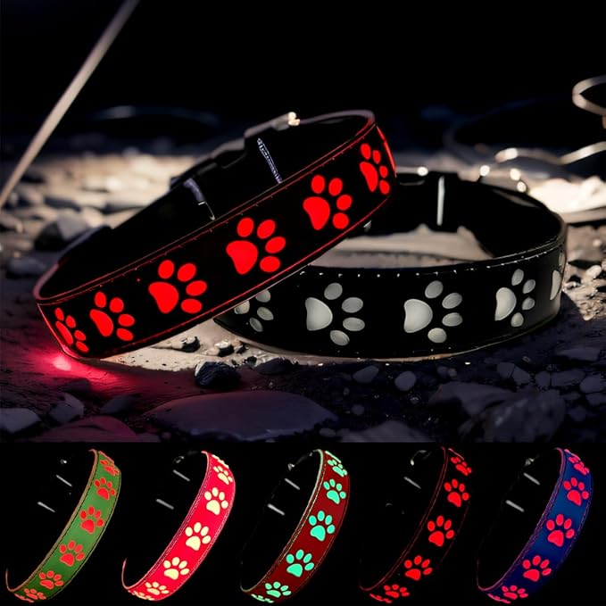LED Light Up Dog Collar, USB-C Rechargeable, Multicolor Paw Print Design, 15 Modes Lighting Night