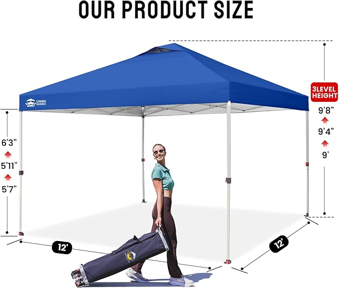 CROWN SHADES 12x12 Pop Up Canopy Outside Canopy, Patented One Push Tent Canopy with Wheeled Carry