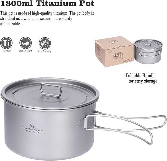 Boundless Voyage Titanium Pot Portable Camping Cookware Lightweight Cooking Pot Set for Outdoor