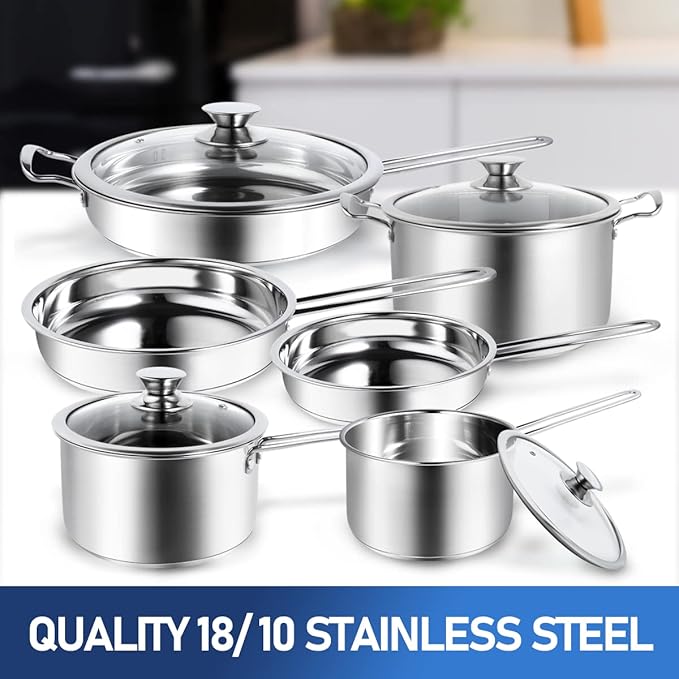 Aufranc 10-Piece Pots and Pans Set, Stainless Steel Cookware Set- Includes Ergonomic Handle