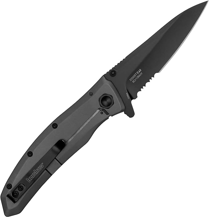 Kershaw Grid Folding Pocket Knife, 3.7 inch Black Serrated Blade, Steel Handle, Pocketclip &