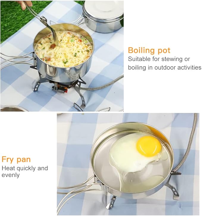 Lixada Camping Cookware Set, 4PCS Portable Stainless Steel Camp Cook Set, Lightweight Stackable