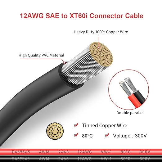 12AWG XT60i to SAE Adapter Extension Cable with SAE Polarity Reverse Adapter for Portable Power