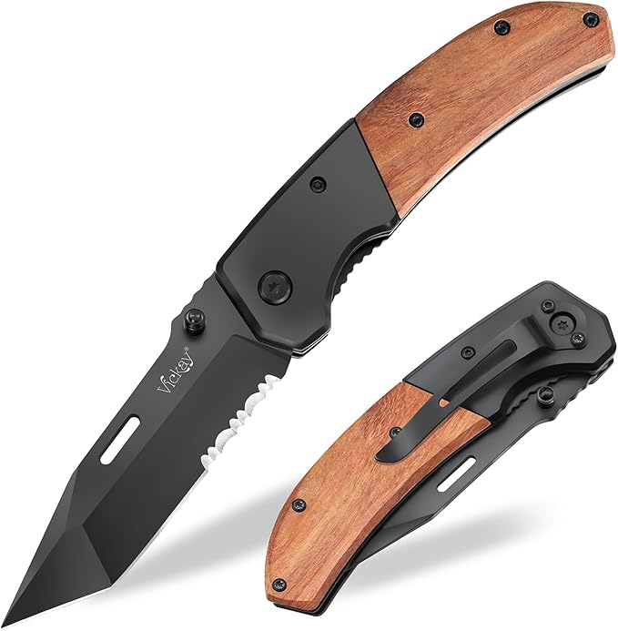 Vickay Pocket Knife, Folding Knife with Clip - 3.54??Black Serrated Steel Blade, Wood Handle EDC