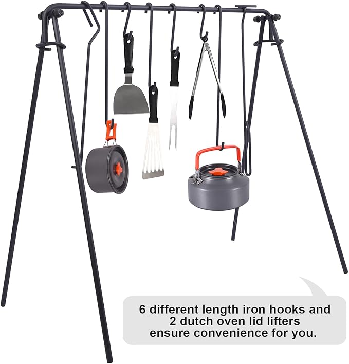 REDCAMP Swing Campfire Grill Stand - Collapsible Campfire Cooking Rack with 6 Hooks & Stainless