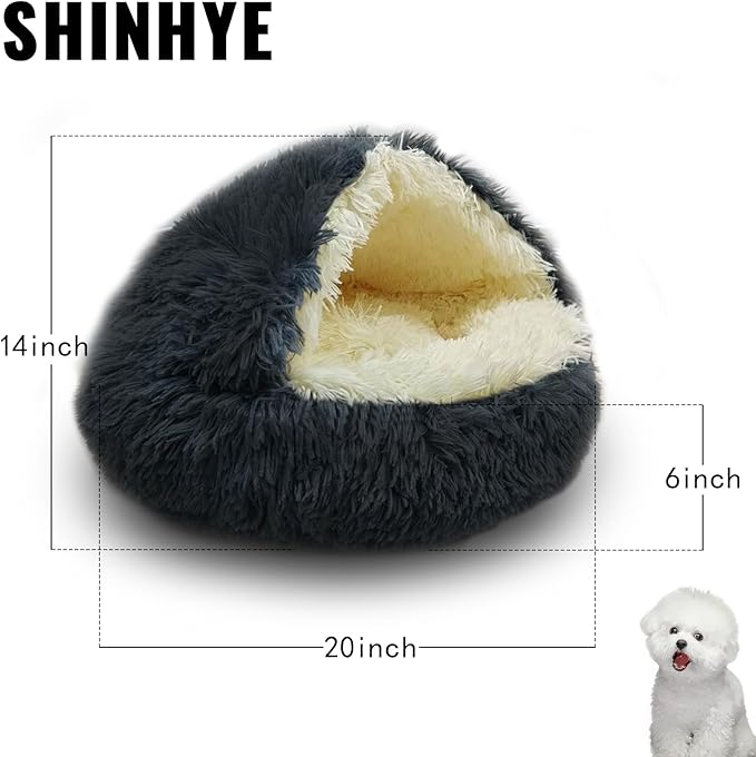 ShinHye Cat Bed Round Plush Fluffy Hooded Cat Bed Cave, Cozy for Indoor Cats or Small Dog beds