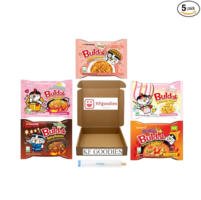 KF GOODIES Korean Ramen Variety Pack Gift Box (5 Count) – Spicy Buldak Noodle Assortment for