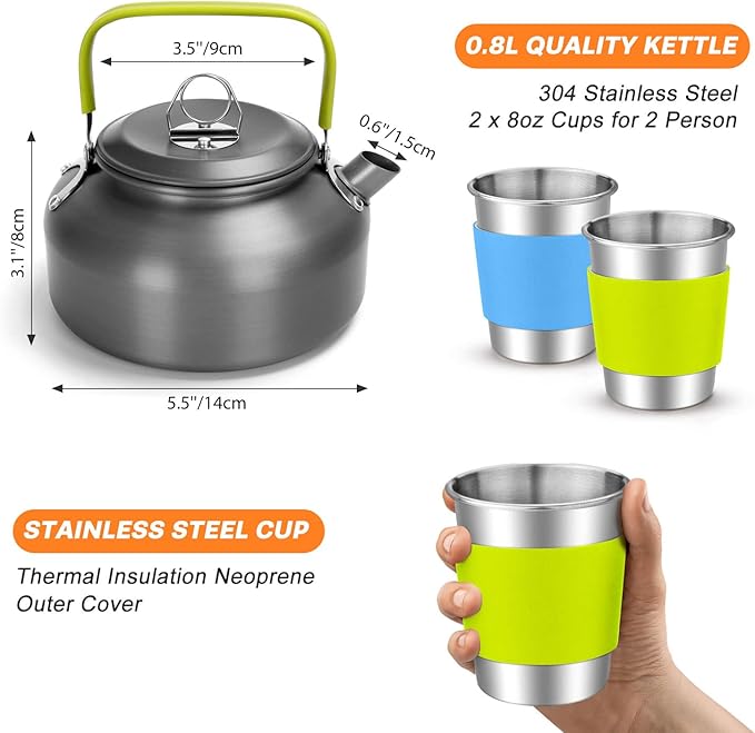 Odoland 16pcs Camping Cookware Set with Folding Camping Stove, Non-Stick Lightweight Pot Pan Kettle