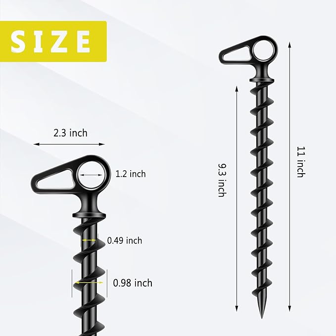 11" Aluminum Screw-in Ground Anchors - Heavy Duty Metal, Non-Rust Spiral Tent Stakes for High Wind