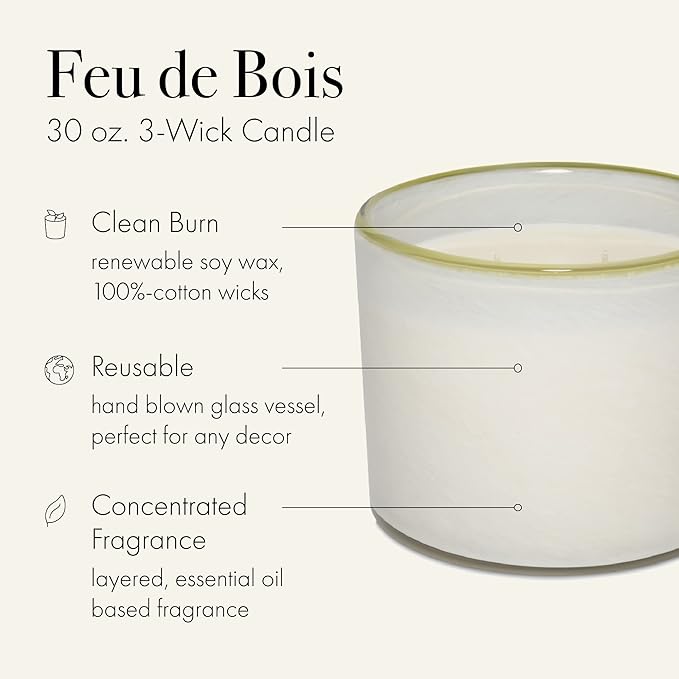 LAFCO New York 3-Wick Candle, Feu de Bois - 30 oz - 120-Hour Burn Time - Reusable, Hand Blown Glass