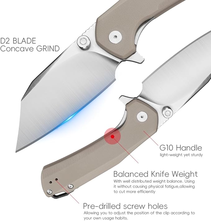 ioko Folding Pocket Knife, 3.5-Inch D2 Steel Blade, G10 Handle, EDC Camping Survival Knife with