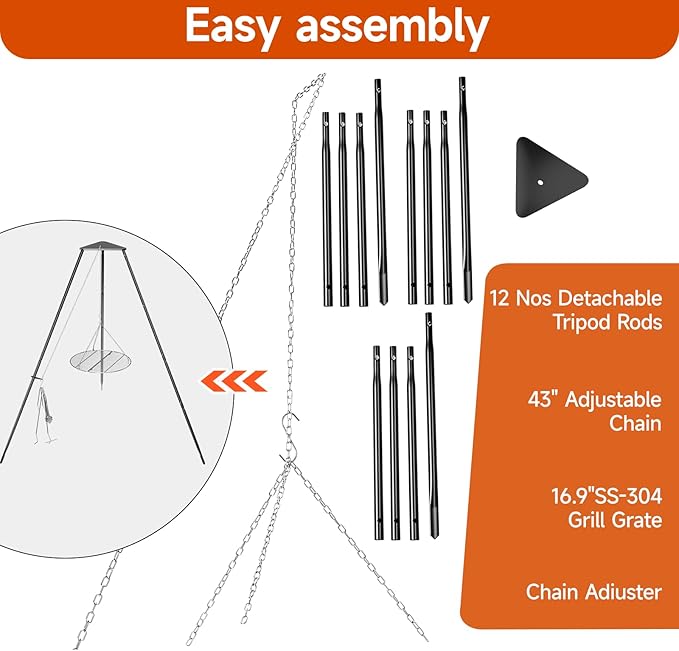 Campfire Tripod for Cooking, Campfire Cooking Equipment, Round Grill Grate with Adjustable Height