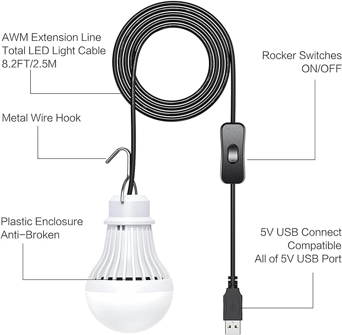 4 Pack USB Light Bulb, USB LED Camping Light Lantern, 8.2 ft Extra Length Cord Tent Light with USB