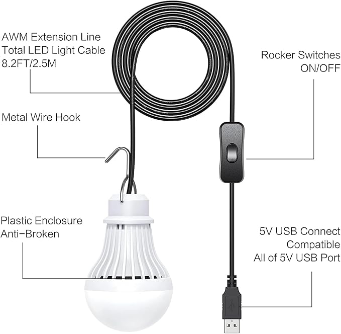 2 Pack USB LED Camping Lantern, 8.2 ft Extra Length Cord Tent Light with USB Y-Cable, Portable LED