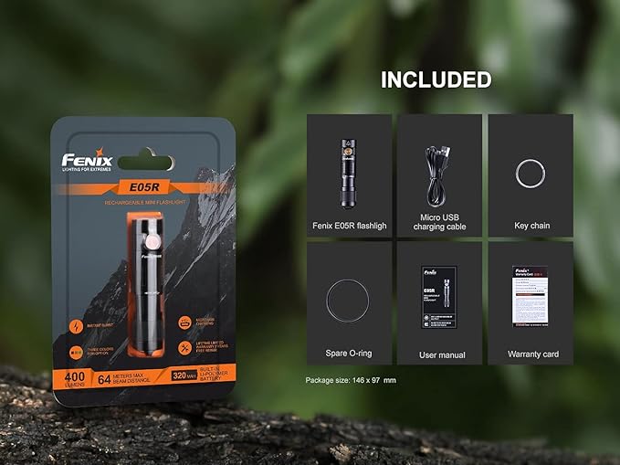 EdisonBright Fenix E05R 400 Lumen USB Rechargeable EDC Keychain Flashlight Charging Cable Carrying