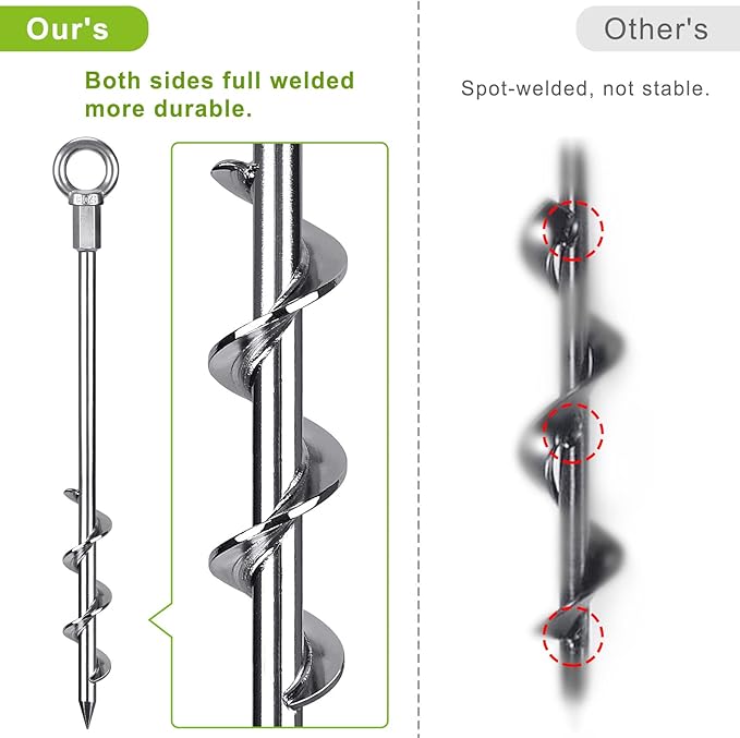 4 Pack Tent Stakes, 12 Inch Heavy Duty Ground Anchors, Fully Welded Spiral Earth Anchors for