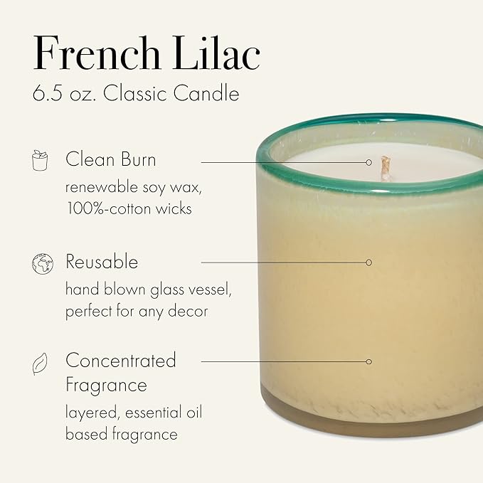LAFCO New York Classic Candle, French Lilac - 6.5 oz - 50-Hour Burn Time - Reusable, Hand Blown