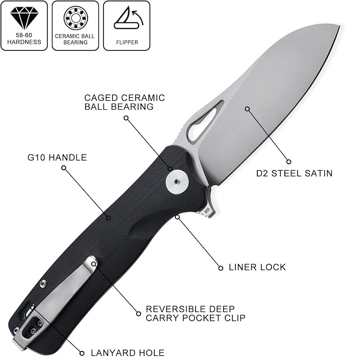 Petrified fish PF868 Bunta,3.35" D2 Satin Blade,146g G10 Handle Flipper Folding knife (Black G10