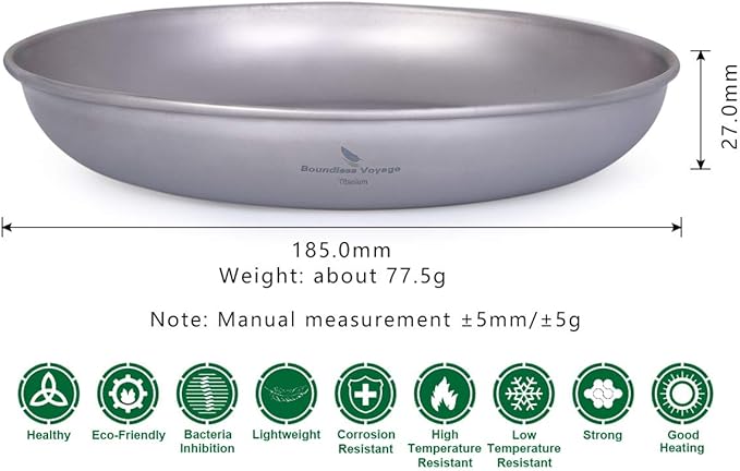 iBasingo Titanium Plate 18.5cm Ultralight Camping Dinner Plate, Reusable Metal Dish for Steak