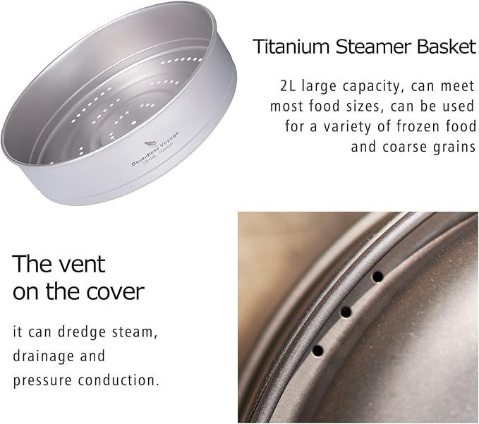 Boundless Voyage Titanium 4.5L Hanging Pot with Steaming Rack Folding Handle Outdoor Camping