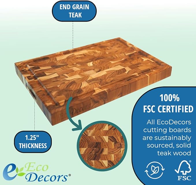 EcoDecors, FSC Teak End Grain Cutting Board 14x10, Compact Reversible Teakwood Cutting Board for