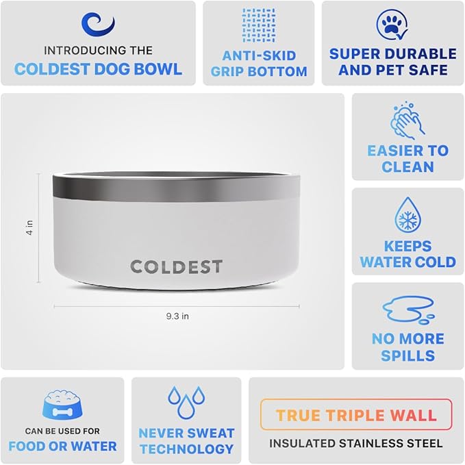 Coldest Dog Bowl - Anti Rust Metal, Non Slip, 3 Layers Insulated Stainless Steel Dog Bowls - Spill