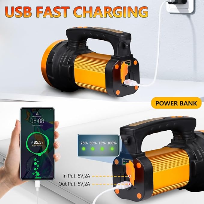 1800LM Rechargeable Spotlight 13600mAh Spotlight Flashlight 80H Long Lasting IP67 Waterproof 3