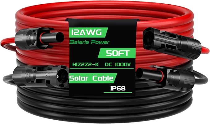50FT 12AWG Solar Panel Extension Cable, Bateria Power 12 Gauge PV Wire with Female & Male