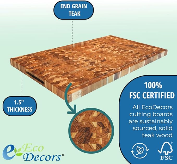 EcoDecors Extra Large Solid Teak Butcher Block 34"x20", End Grain Cutting Board with Juice Groove