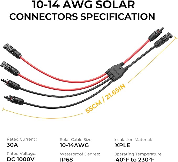 BougeRV Solar Parallel Connectors for 2 Solar Panels, 2 to 4 Y Branch 10AWG Adapter Splitter Cable
