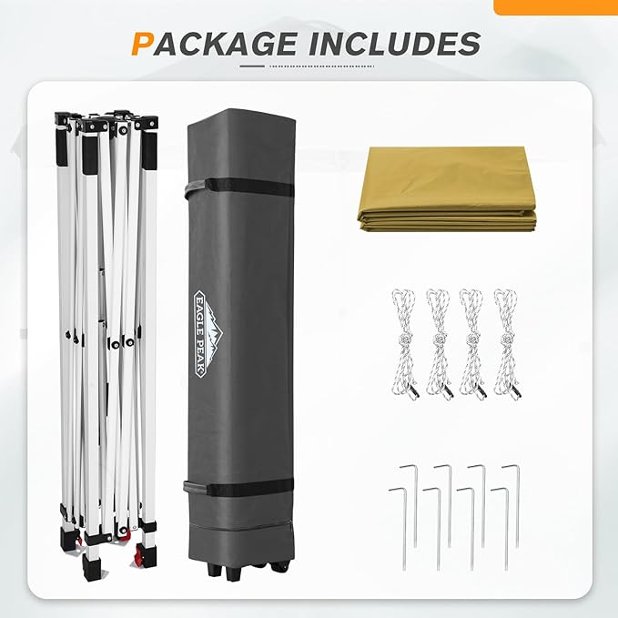 EAGLE PEAK Pop Up Canopy Tent with Wheeled Carry Bag, 8 Stakes, 4 Ropes, Easy Set Up Tent Canopy