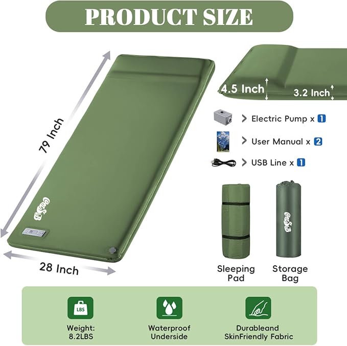 Camping Sleeping Pad Self Inflating Sleeping Pad with Electric Pump, 3.2" Ultra-Thick Memory Foam