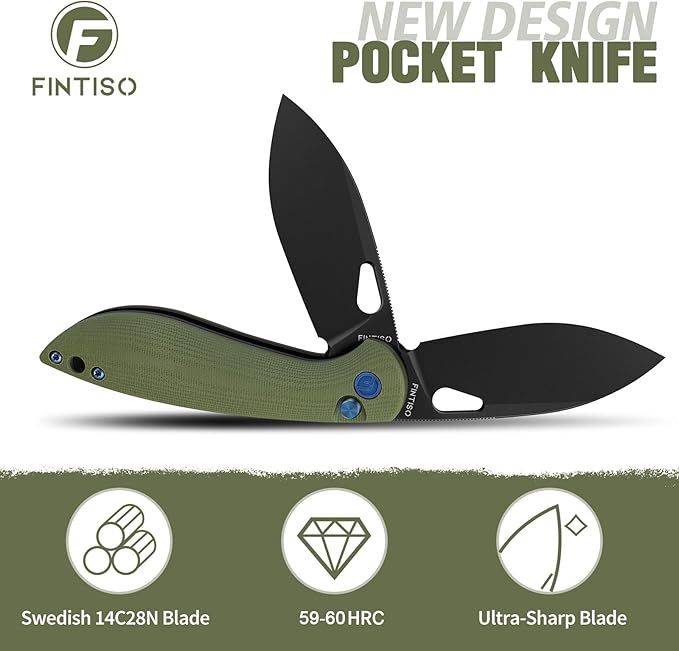 FINTISO Pocket Knife, 3.1" Premium 14C28N Blade Folding Knife with Button Lock, EDC Knife with G10