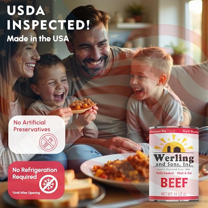 Werling Meat Canned Beef 14.5 Oz ??Fully Cooked, Heat & Eat | Shelf Stable Canned Meat for Pantry