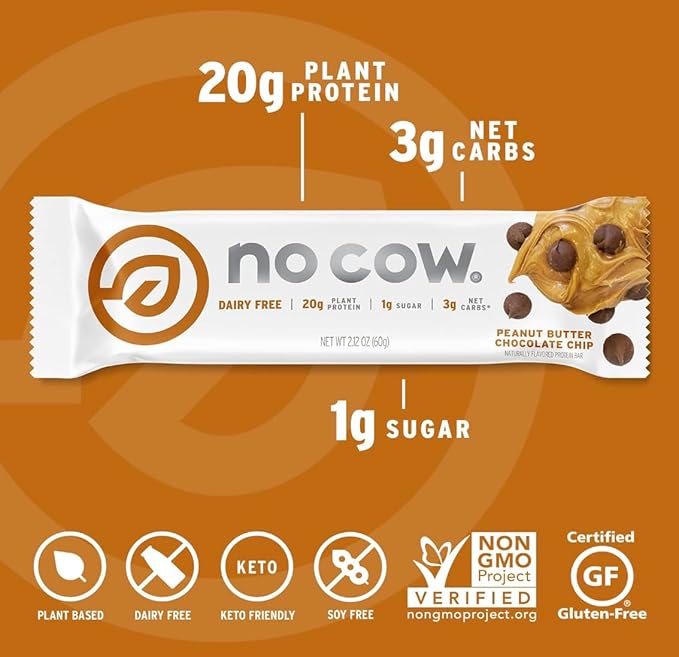 No Cow Vegan Protein Bars, Upgraded Peanut Butter Variety Pack | 20g Plant Based Protein, Gluten
