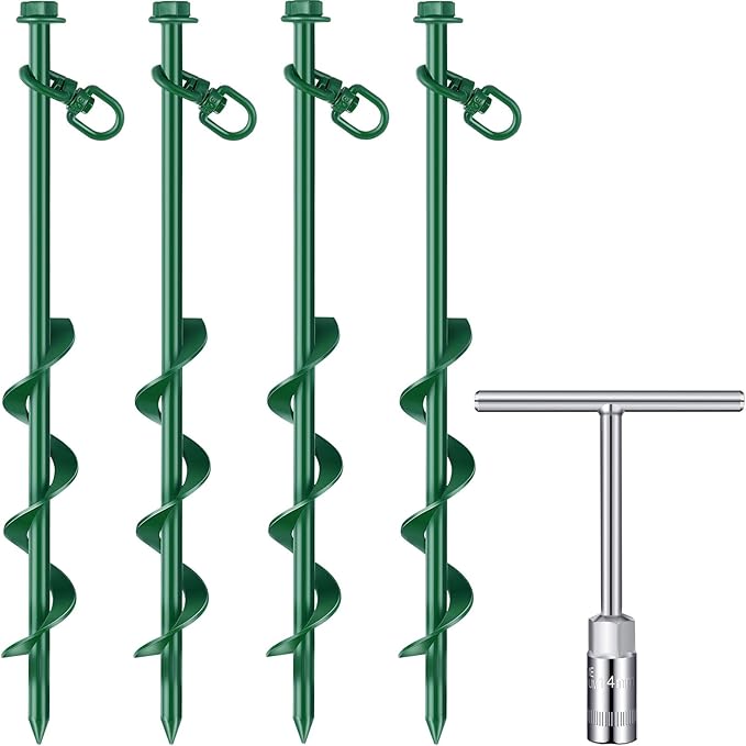 Zhengmy 4 Pcs Ground Anchors Screw in, 12 Inch Heavy Duty Tent Stakes with Trampoline Anchor Hook