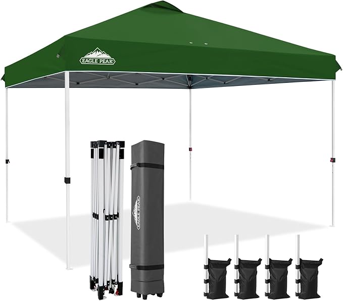 EAGLE PEAK Pop Up Canopy Tent with Wheeled Carry Bag, 8 Stakes, 4 Ropes, 4 Weight Bags, Easy Set Up