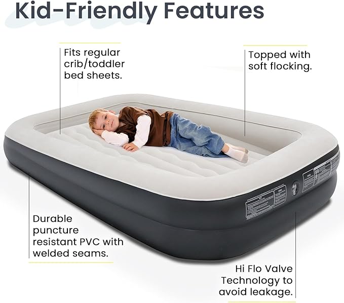 King Koil Luxury Inflatable Toddler Travel Bed with Built-in Safety Bumper, Portable Air Mattress