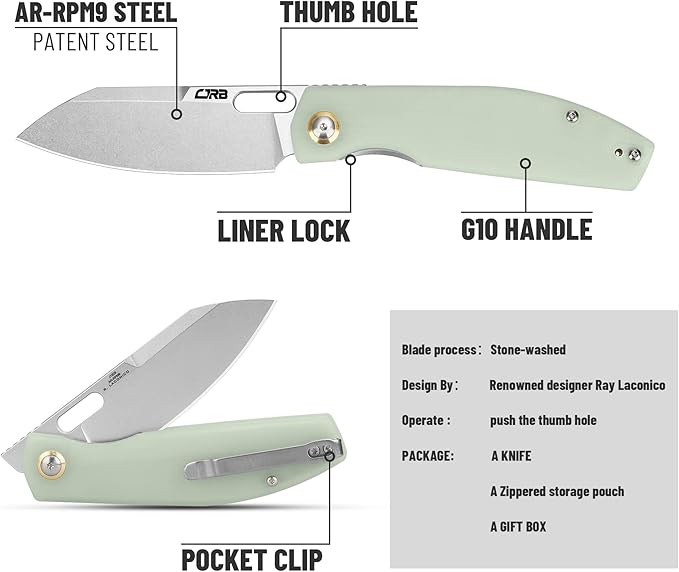 CJRB Pocket EDC Knife - Ekko(J1929) Small Folding Knife AR-RPM9 Steel Blade and Natural Green G10