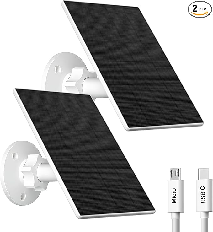 2W Solar Panel for Security Camera Outdoor, USB/USB-C Charger with IP65 Waterproof, 360° Adjustable