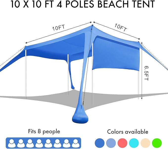 Beach Canopy Tent Shade with Sidewalls 10x10FT, 6.6FT Tall, UPF50+ Sun Shelter, Windproof & Water