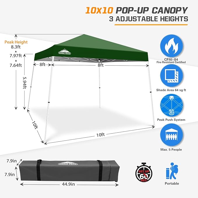 EAGLE PEAK 10x10 Slant Leg Pop-up Canopy Tent Easy One Person Setup Instant Outdoor Beach Canopy