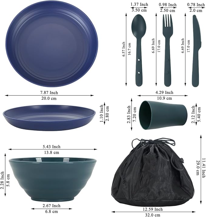 Camping Mess Kit for 2 with Bowl, Plate, Cup, Spoon, Fork, Knife and Carry Bag, Plastic Camping