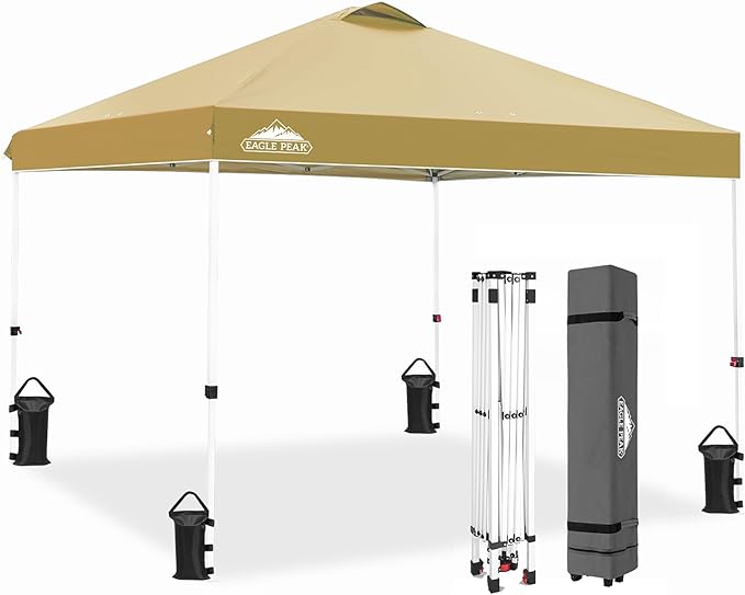 EAGLE PEAK Pop Up Canopy Tent with Wheeled Carry Bag, 8 Stakes, 4 Ropes, 4 Weight Bags, Easy Set Up